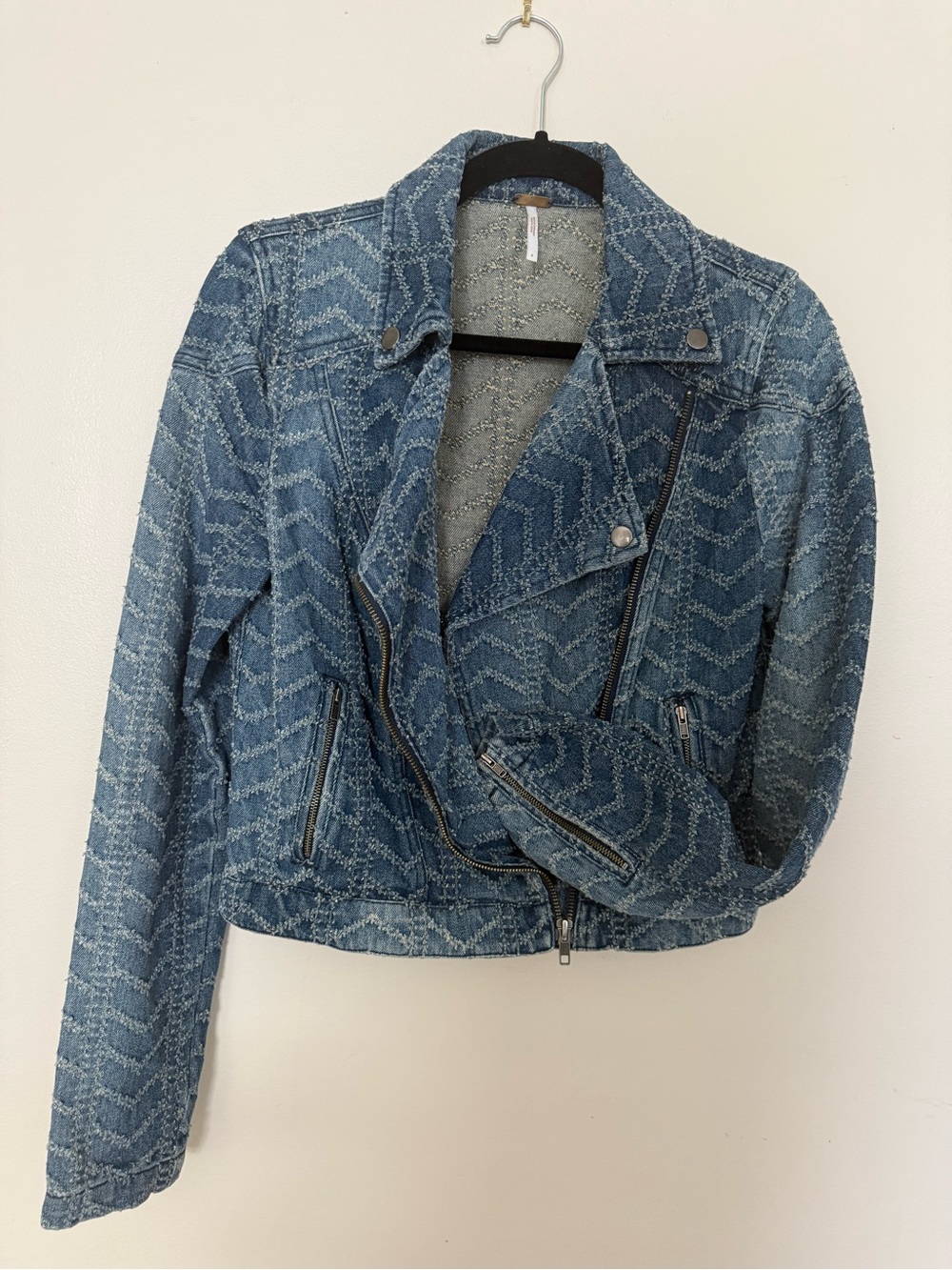 Free People Blue Chevron Denim Moto Jacket - Picture 3 of 5